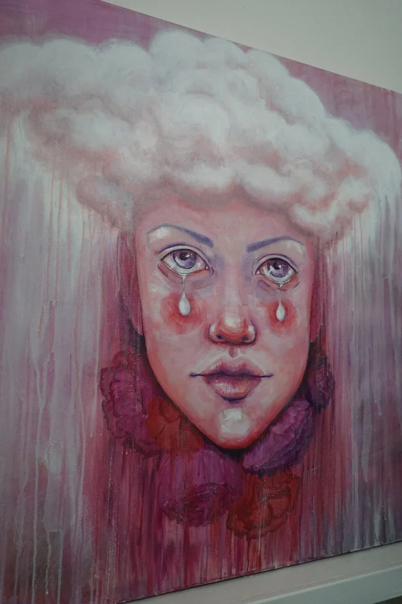 Original Pink Abstract Portrait Painting 36"x36" Art