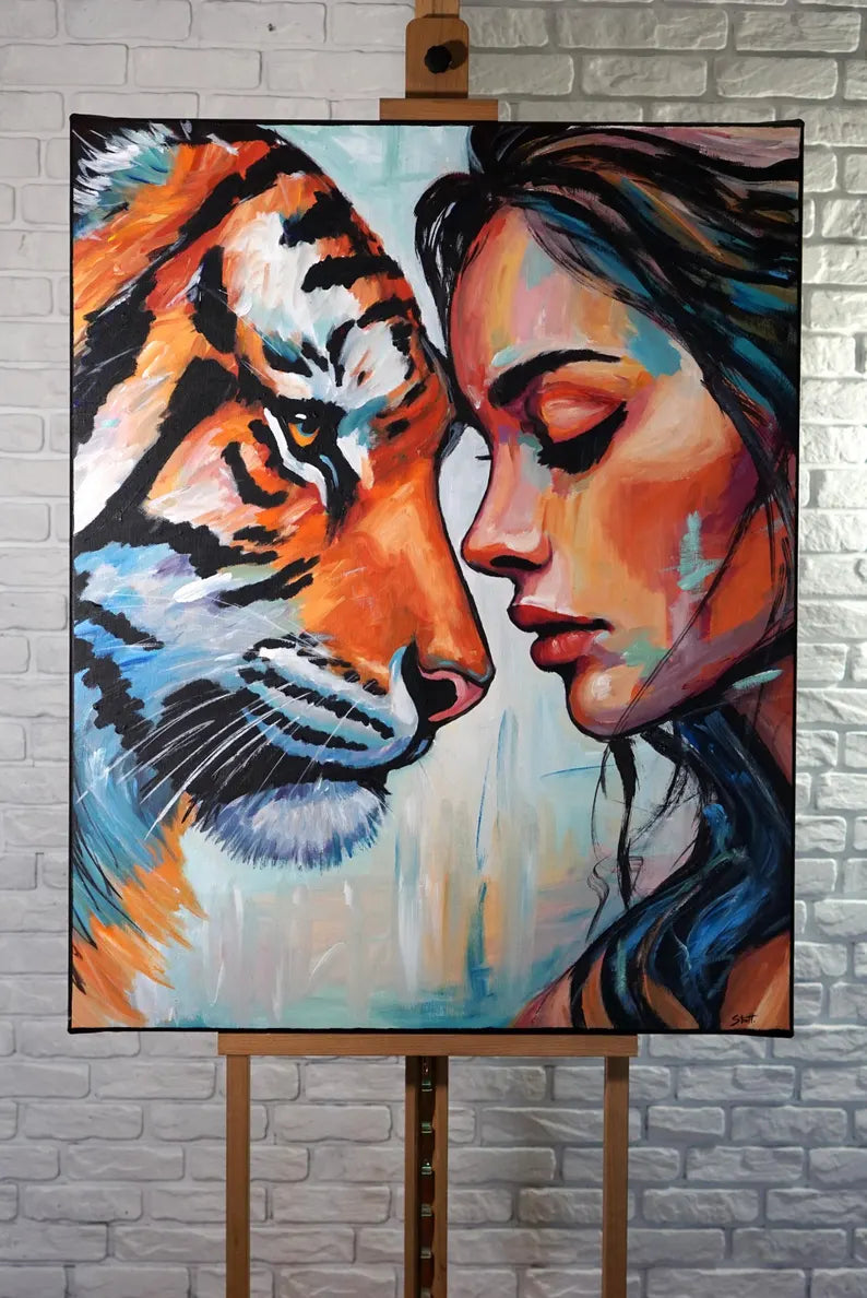 Large Original Acrylic Painting 80x100, One of a Kind Contemporary Woman and Tiger Portrait, Hand-Painted Artwork by Artist
